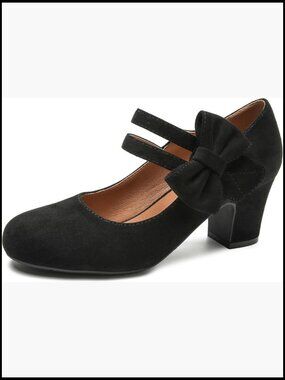 Mary Jane Block Heels with Bow Retro Sweet Ankle Strap Low Chunky Heel Vintage